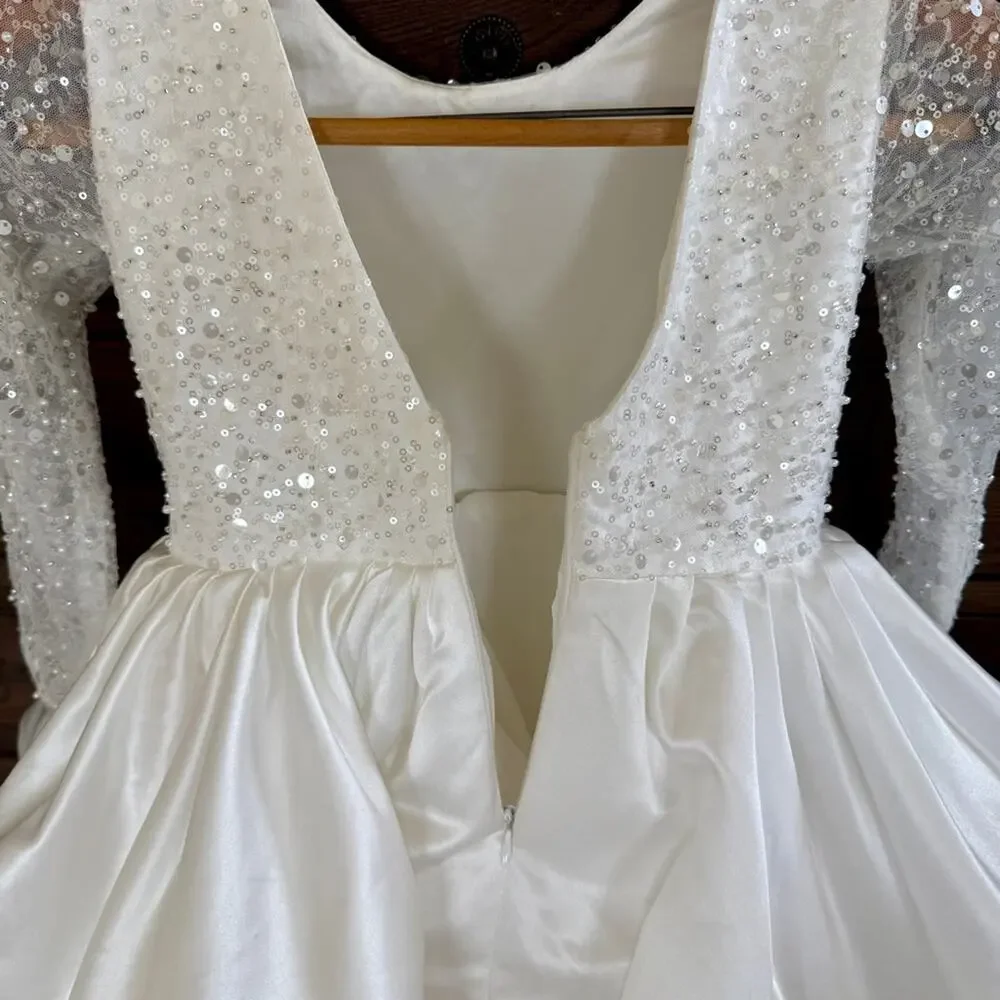 White Beaded Long Sleeve Tiered Satin Tulle Princess Flower Girl Dress Size 6-7